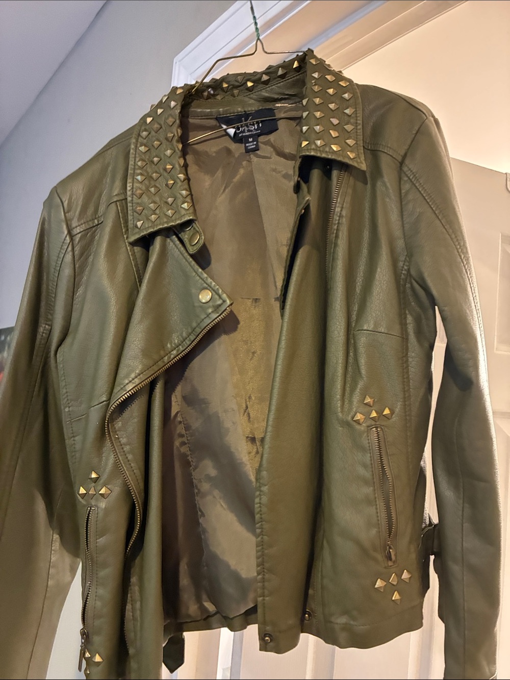 Kardashian Kollection Olive Studded Faux Leather Moto Jacket